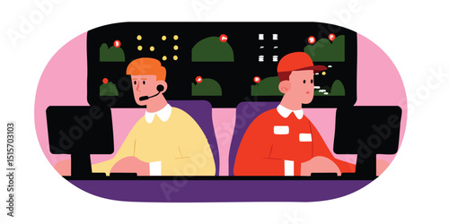 Inside a state-of-the-art control center, two dedicated professionals monitor intricate operations displayed on digital screens. In this highly stylized depiction of teamwork and technology.