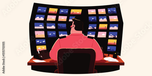 A security personnel carefully watches multiple screens, vigilantly monitoring various feeds. Imbued with sense of responsibility and professionalism.
