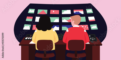 Two content creators or video editors collaborate, reviewing various landscape images on a large monitor, showcasing teamwork in a creative digital workspace. 