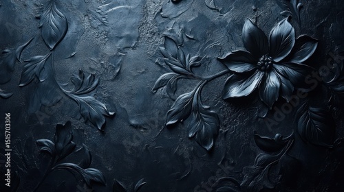 Dark black metallic floral relief texture background