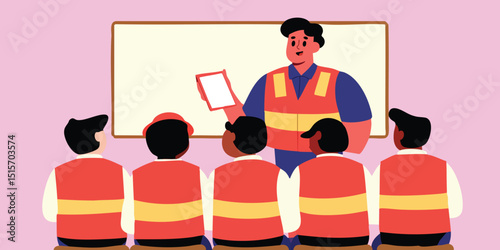 An instructor passionately presents a safety training session to a group of attentive workers, demonstrating leadership and conveying vital industry information.