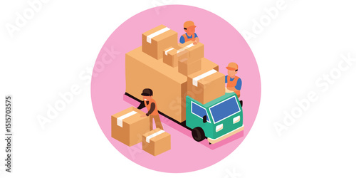 Workers meticulously load a delivery truck with a stack of packed boxes in a circle, set against a pink background. conveying themes of logistics, transport, and the movement of goods.
