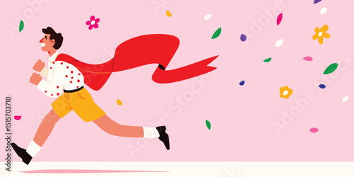 A determined individual sprints towards a ribbon, surrounded by decorative confetti, the picture of a winner's elation and accomplishment.