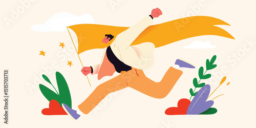 A dynamic illustration depicts an individual charging forward with purpose, carrying a flag and embodying the spirit of ambition and perseverance.