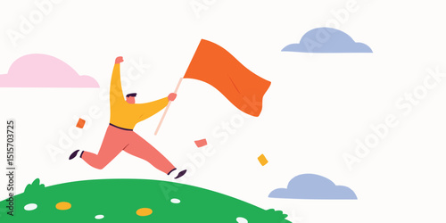 A determined figure sprints with a vibrant flag towards the peak of a hill, embodying the pursuit of success and reaching for a personal triumph, rendered in a clean vector illustration.