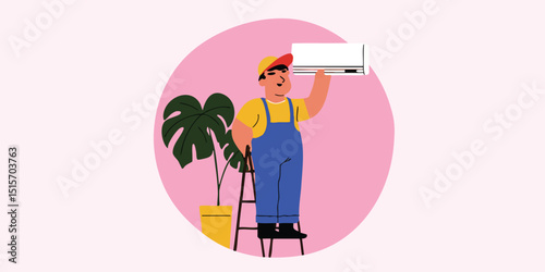An HVAC technician skillfully installs an air conditioning unit. The vibrant illustration captures a moment of precision and expertise within a domestic setting.