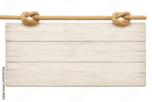 Empty wooden sign with knotted rope hanging on transparent background, providing space for text or design