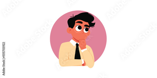 An illustration of a thoughtful man with a neutral expression on a bright and colored background. He is contemplating something. 