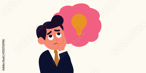 A thoughtful depiction of a businessman lost in thought, a lightbulb representing a flash of insight, set against a backdrop of an off-white.