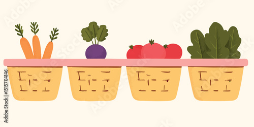 Four baskets of fresh produce, including carrots, beetroot, tomatoes, and spinach, are neatly arranged, showcasing vibrant colors and healthy ingredients.