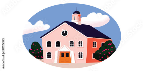 Charming pink building with orange door, clock tower and lush green bushes under a blue sky with fluffy clouds in an oval frame.