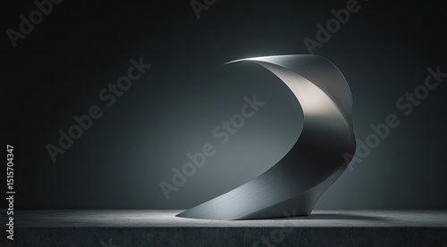 Sleek, metallic sculpture, crescent-shaped, subtly illuminated from within, rests on a dark surface against a moody backdrop