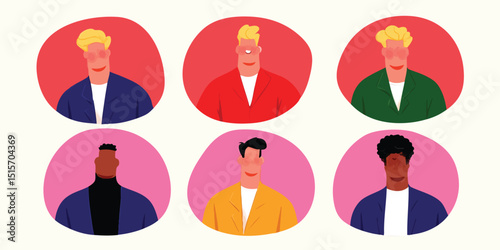 Six stylish men portraits, rendered in a modern illustration style, their diverse appearances set against bold, circular backgrounds.
