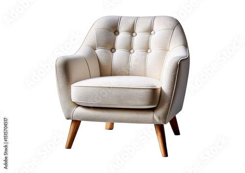 White armchair with wooden legs and a cushioned seat. The minimalist design and comfortable isolated on transparent or white background photo