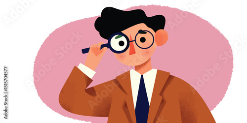 A curious young man, stylishly dressed in a brown coat and blue tie, peers intently through a magnifying glass, his expression a blend of fascination and focus.