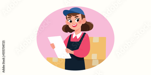 A smiling female worker in an illustration, examining a checklist in front of several packages, symbolizing logistic and delivery service.