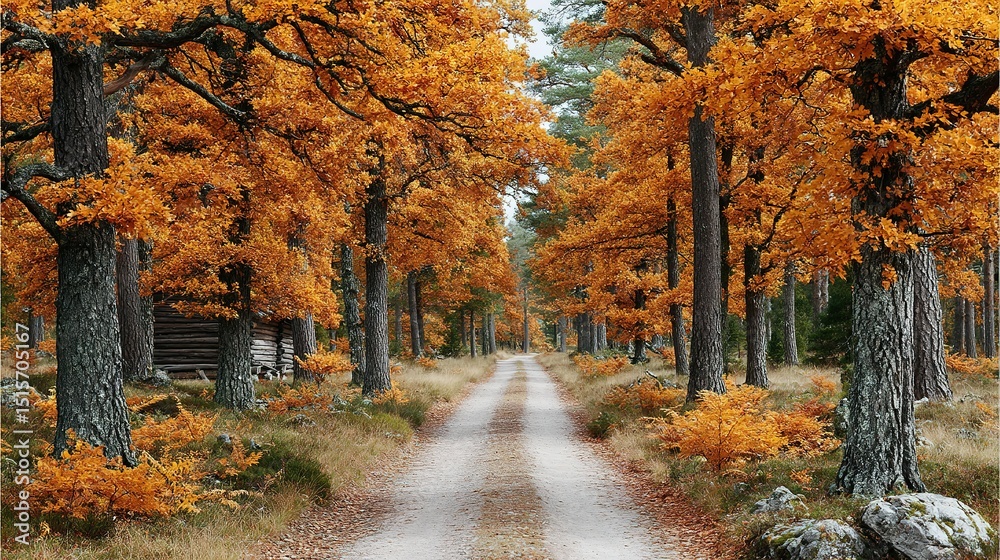 Naklejka premium Autumnal path through a forest of trees with vibrant foliage.
