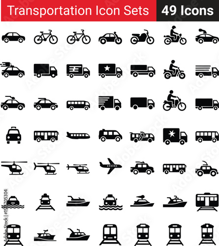 Collection of forty nine vector transportation icons depicting various vehicles and modes