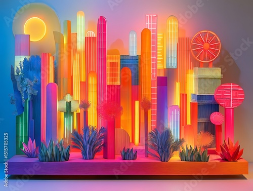 A Vibrant Abstract Cityscape Featuring Geometric Shapes and Tropical Plants