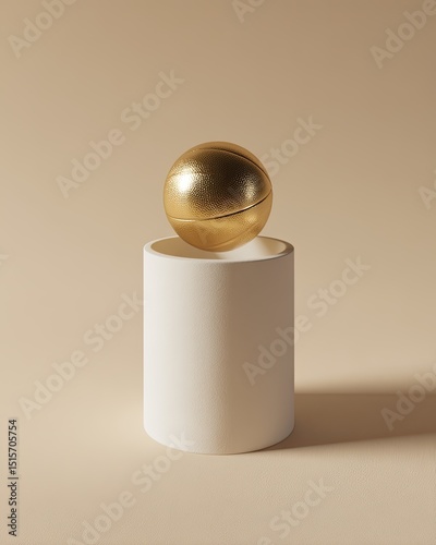 A gold sphere rests atop a short, white cylinder against a pale beige backdrop; minimalist, elegant, and subtly shadowed