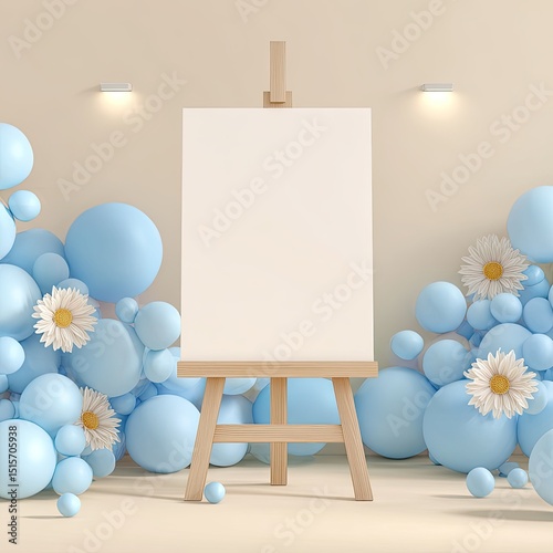 A blank canvas on a wooden easel sits centered, flanked by pastel blue spheres and white daisies against a beige wall with subtle lighting