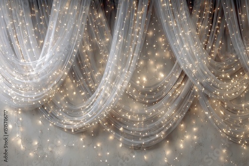 Elegant String Lights Draped in Sheer Fabric Wedding Venue Decorative Lighting Indoor Close-up Atmosphere
