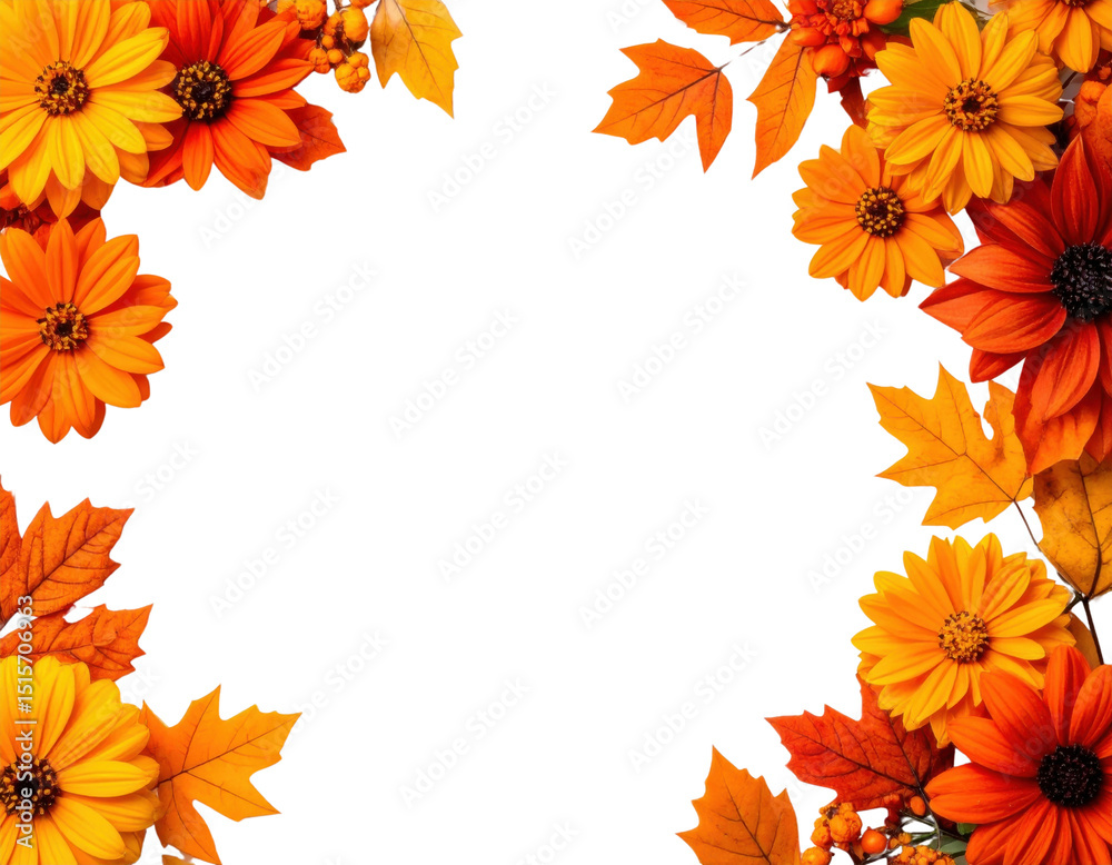 Autumn frame border with orange fall flowers, maple leaves and berries on white background with copy space for seasonal design Autumn frame border with orange fall flowers, maple leaves and berries on white background with copy space for seasonal design
