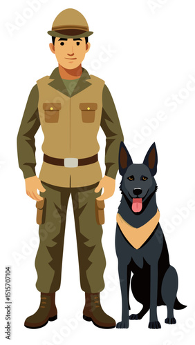 military working dog and handler in vector form, loyal companion theme, white background
