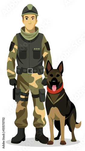 military working dog and handler in vector form, loyal companion theme, white background
