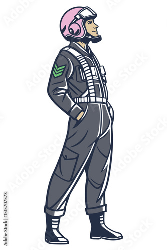 jet pilot with helmet and G-suit in standing pose, vector style isolated on white
