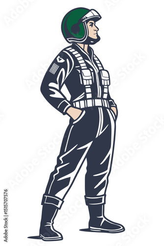jet pilot with helmet and G-suit in standing pose, vector style isolated on white
