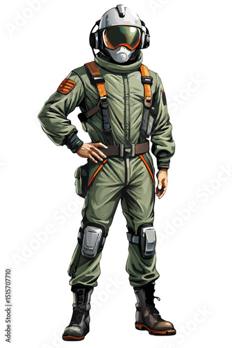 jet pilot with helmet and G-suit in standing pose, vector style isolated on white
