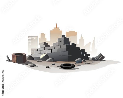 damaged urban battlefield with rubble, tires and bricks, stylized vector on white background
