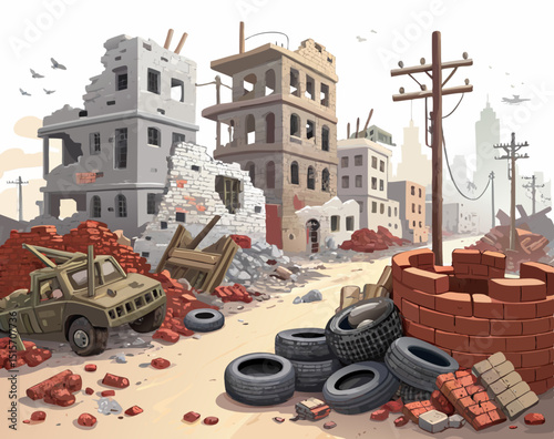 damaged urban battlefield with rubble, tires and bricks, stylized vector on white background
