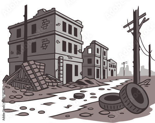 damaged urban battlefield with rubble, tires and bricks, stylized vector on white background
