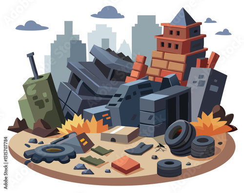 damaged urban battlefield with rubble, tires and bricks, stylized vector on white background
