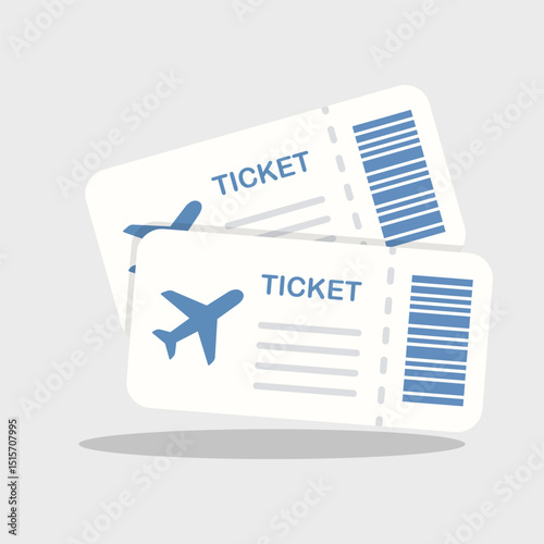 Two flight tickets with airplane icons and barcodes, ticket design in modern flat style, ticket concept perfect for travel, vacation, booking, and airline-related visuals.