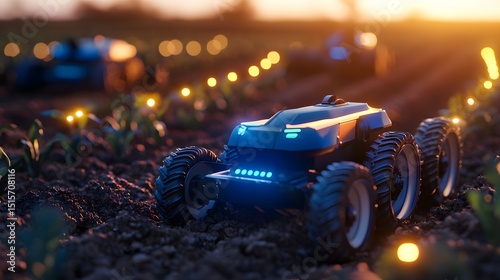 Automated agricultural vehicle traversing a field at dusk.
