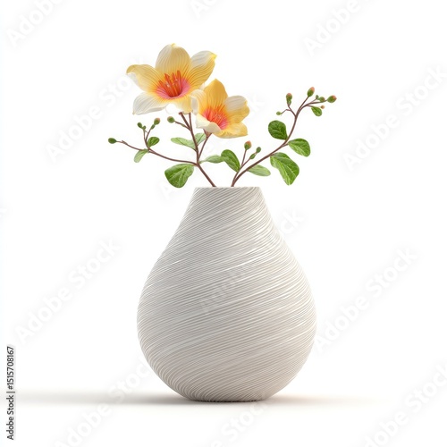 A simple, pear-shaped white vase with swirling texture holds two pale yellow flowers and budding branches