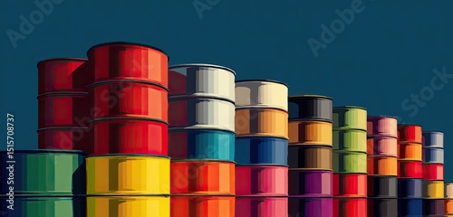 Colorful stacks of cylindrical containers against a dark blue background, suggesting industrial storage or production