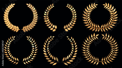 Gold laurel wreaths in vector format. Shiny, classic symbols of honor, victory, luxury branding, achievement, and high-end graphic design.