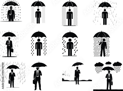 Man with Umbrella in Rain Silhouette Set – Rainy Day Vector Bundle Rain Umbrella Silhouette Collection – Walking in Rain Clipart Pack
