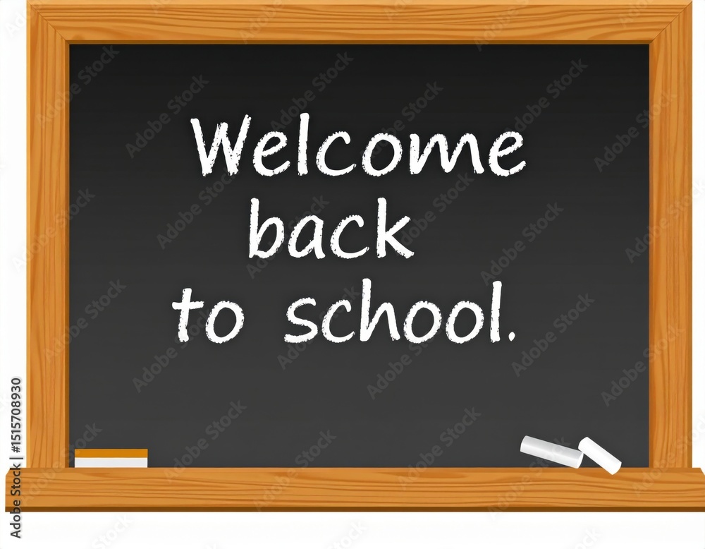 Obraz premium Welcome back to school message written in white chalk on black chalkboard with wooden frame