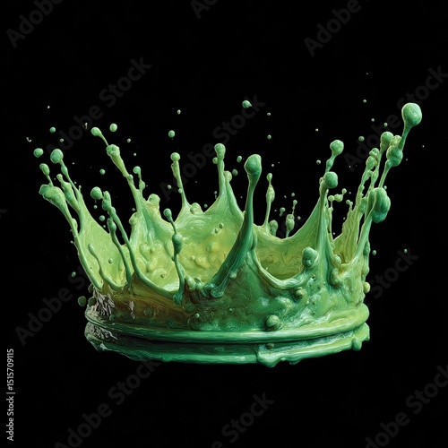A vibrant green liquid forms a crown-like splash against a stark black background, showcasing dynamic texture and fluidity