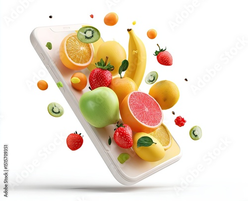Vibrant fruits, seemingly levitating, surrounding a smartphone, suggesting online grocery shopping or a healthy lifestyle app