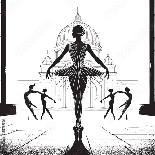 silhouette of ballerinas in front of the St. Isaac's Cathedral.eps