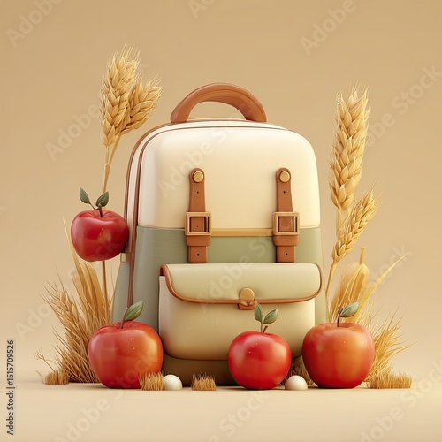 A stylized cream and green backpack sits amidst wheat stalks and red apples on a beige background