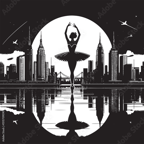 Silhouette of ballerina on the background of the night city.eps