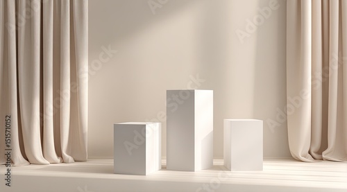 Three white cubic display platforms stand on a neutral-toned surface, flanked by beige curtains, bathed in soft, natural light