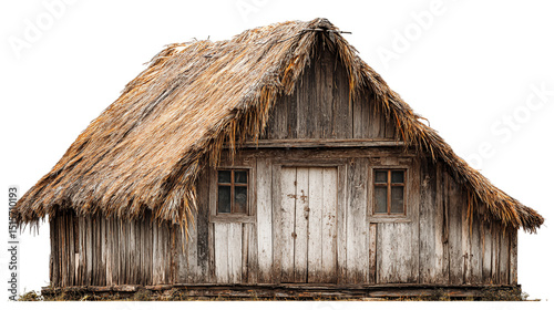 Rustic old wooden house with thatched roof in nature hut home aged gray on transparent background photo